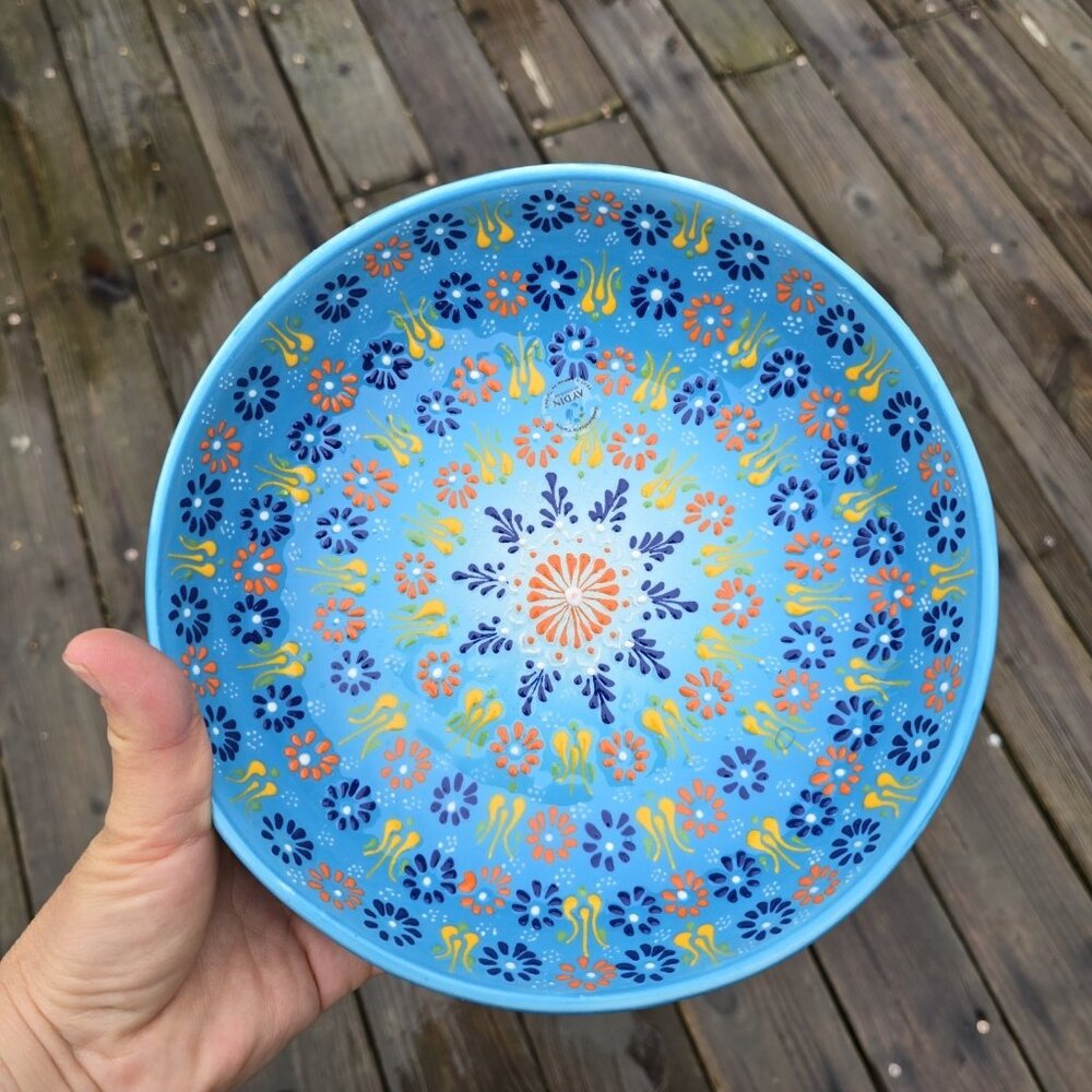 Hand Painted Turkish Iznik Tulip Pattern 9”Ceramic Clay Bowl Centerpiece Decor